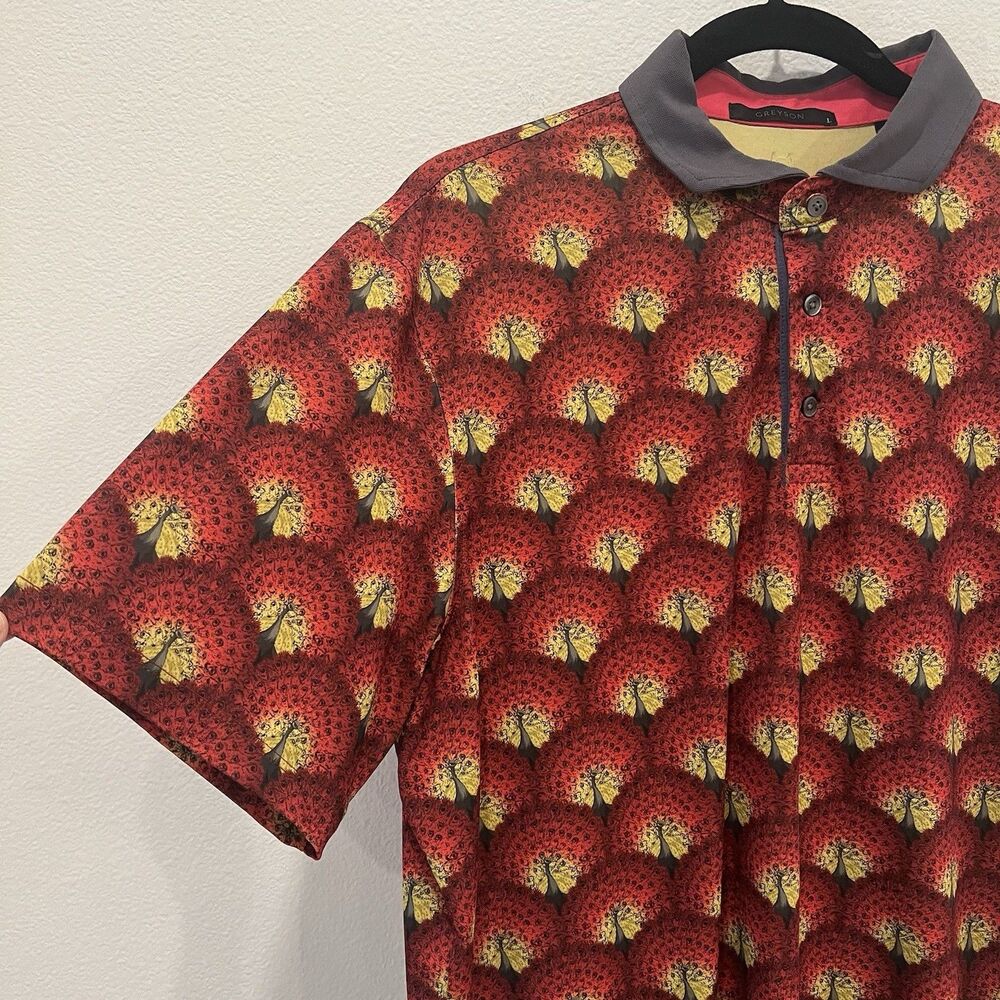 Greyson Polo Shirt Men Large Red Short Sleeve Golf Performance Peacock Print - Picture 1 of 6